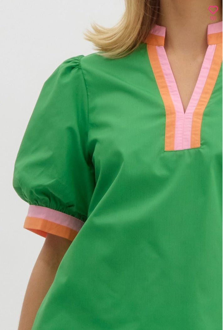Solid short bubble sleeve featuring multicolor band finish - Kelly green - Sassy Inspiration