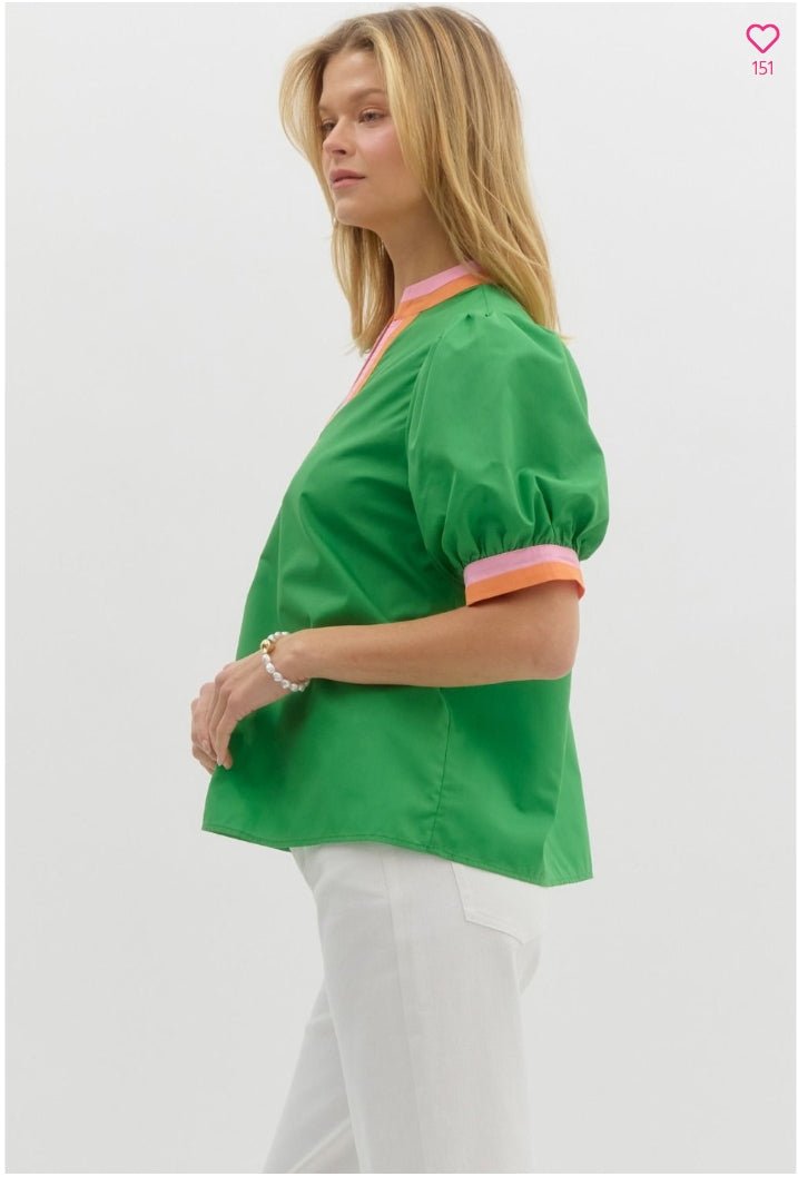 Solid short bubble sleeve featuring multicolor band finish - Kelly green - Sassy Inspiration