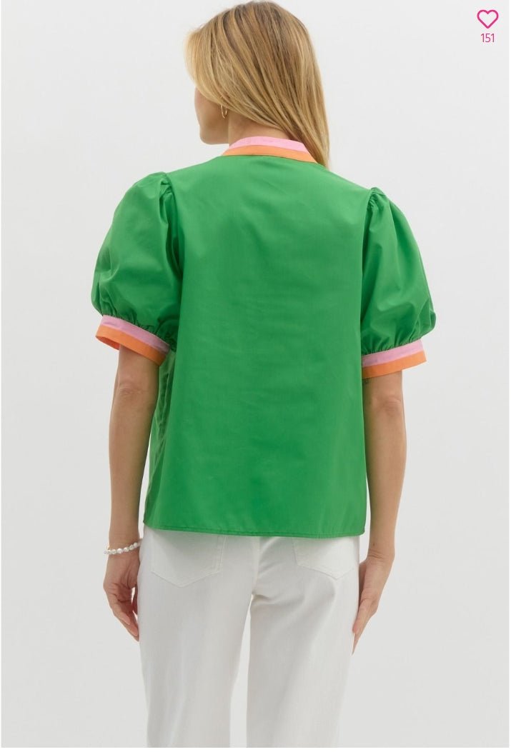 Solid short bubble sleeve featuring multicolor band finish - Kelly green - Sassy Inspiration