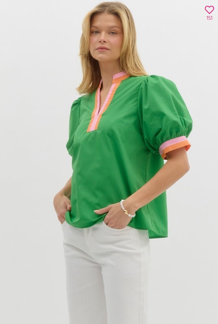 Solid short bubble sleeve featuring multicolor band finish - Kelly green - Sassy Inspiration