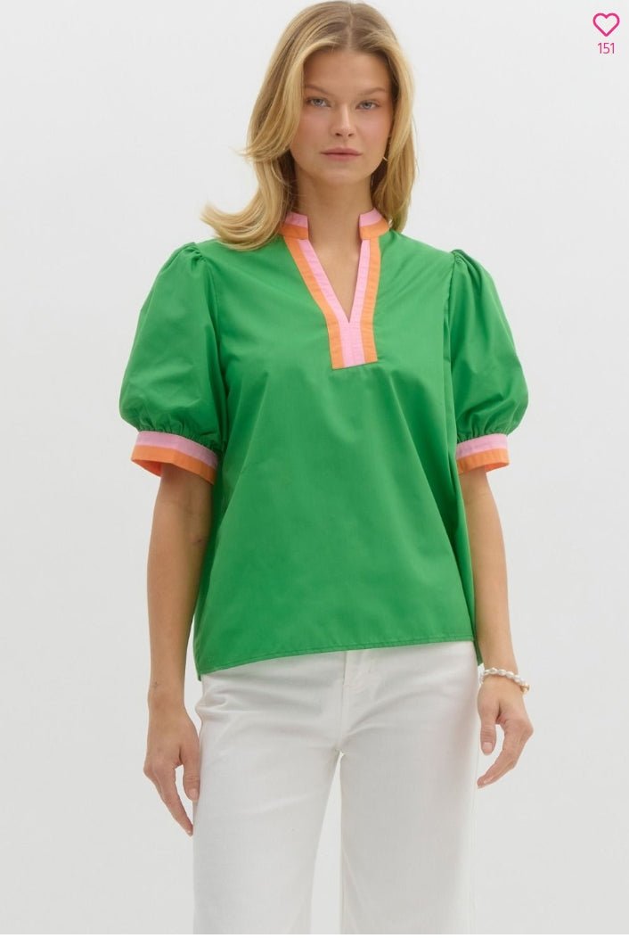 Solid short bubble sleeve featuring multicolor band finish - Kelly green - Sassy Inspiration