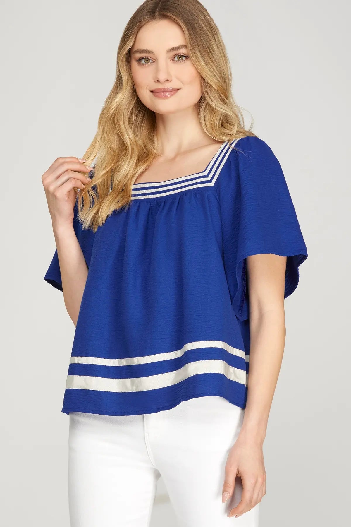 Square Neck Contrast Tape Short Sleeve Top - Sassy Inspiration