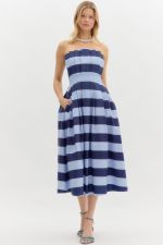 Stripe print strapless pleated midi dress - Sassy Inspiration