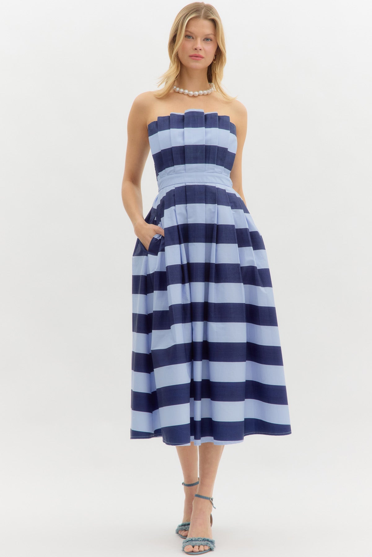 Stripe print strapless pleated midi dress - Sassy Inspiration