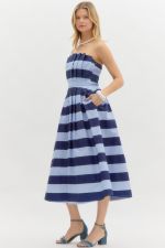 Stripe print strapless pleated midi dress - Sassy Inspiration