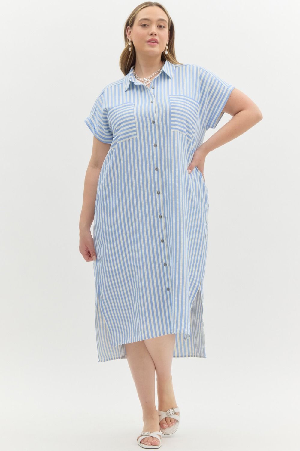 blue and white striped midi shirt dress STRIPED MIDI SHIRT DRESS - White / Turquoise