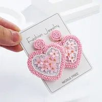 Sweet Heart Shape Embroidery Braid Seed Bead Drop Earrings - Sassy Inspiration