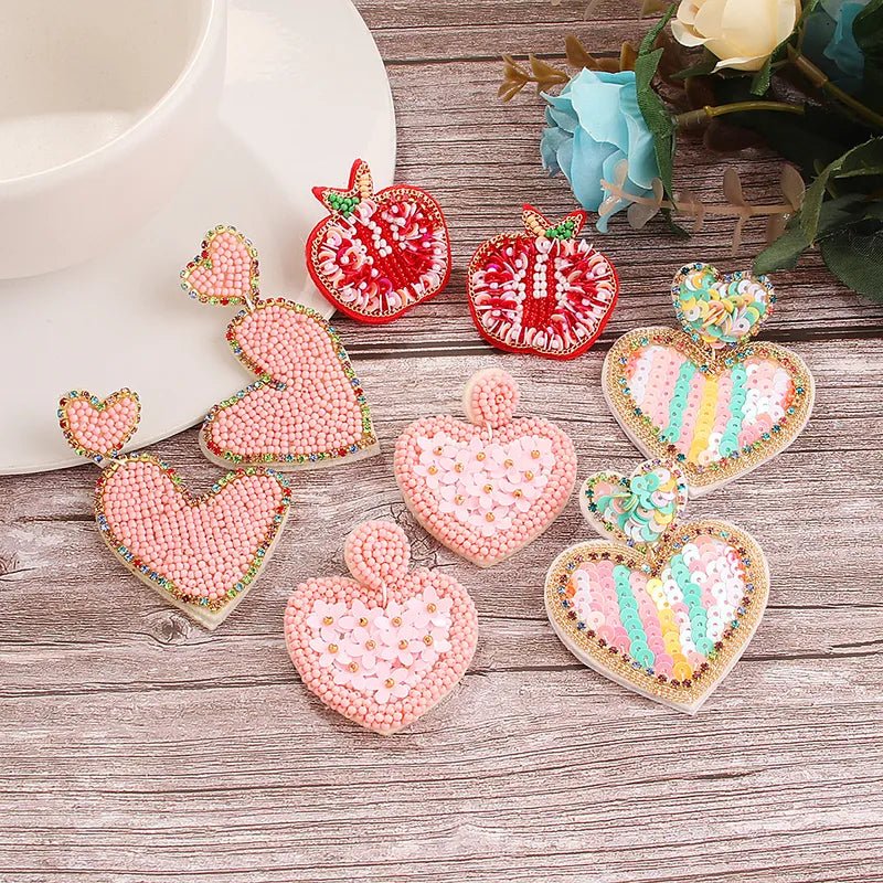 Sweet Heart Shape Embroidery Braid Seed Bead Drop Earrings - Sassy Inspiration