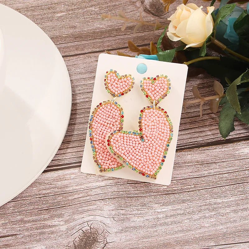 Sweet Heart Shape Embroidery Braid Seed Bead Drop Earrings - Sassy Inspiration