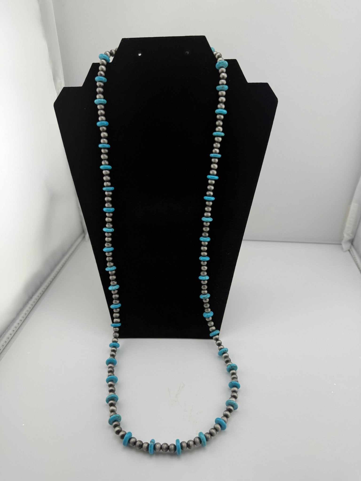 Turquoise & Silver Beaded Necklace – 34” - Sassy Inspiration
