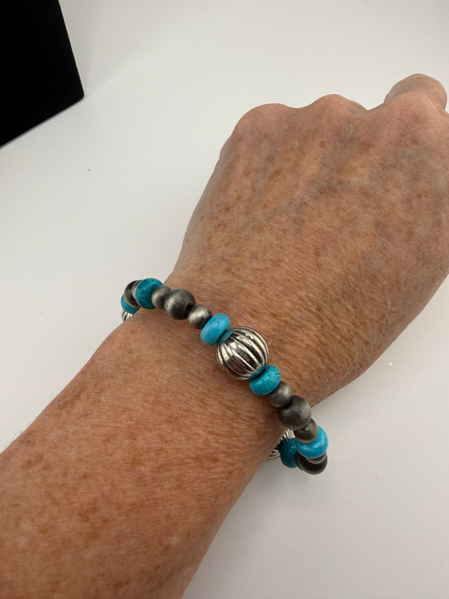 Turquoise & Silver Beaded Stretch Bracelets - Sassy Inspiration