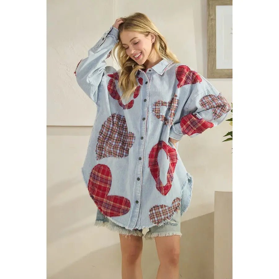 Washed Plaid Heart Patchwork Buttondown Shirt - Sassy Inspiration