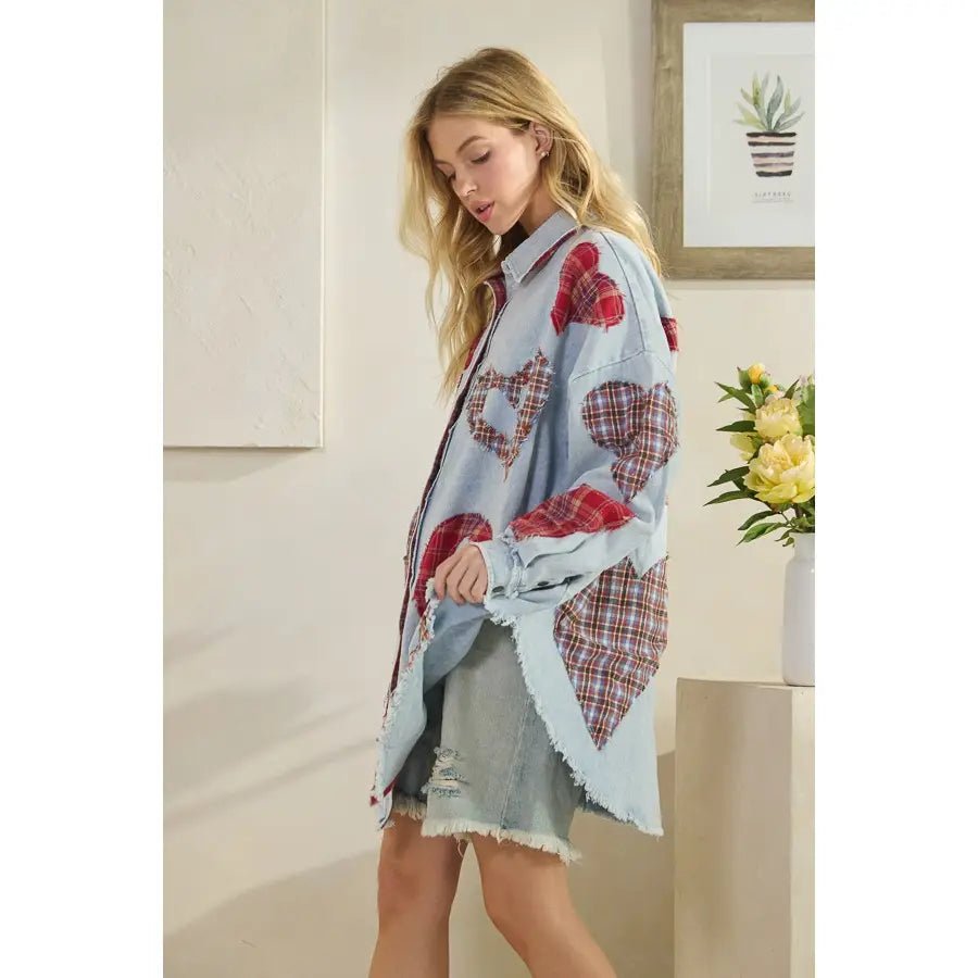 Washed Plaid Heart Patchwork Buttondown Shirt - Sassy Inspiration