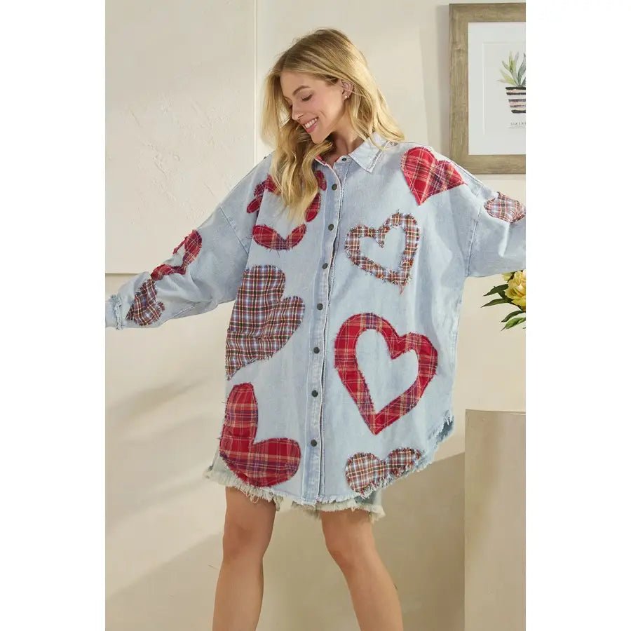 Washed Plaid Heart Patchwork Buttondown Shirt - Sassy Inspiration