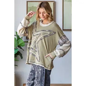 Washed Star Patchwork Long Sleeve Knit Top - Sassy Inspiration