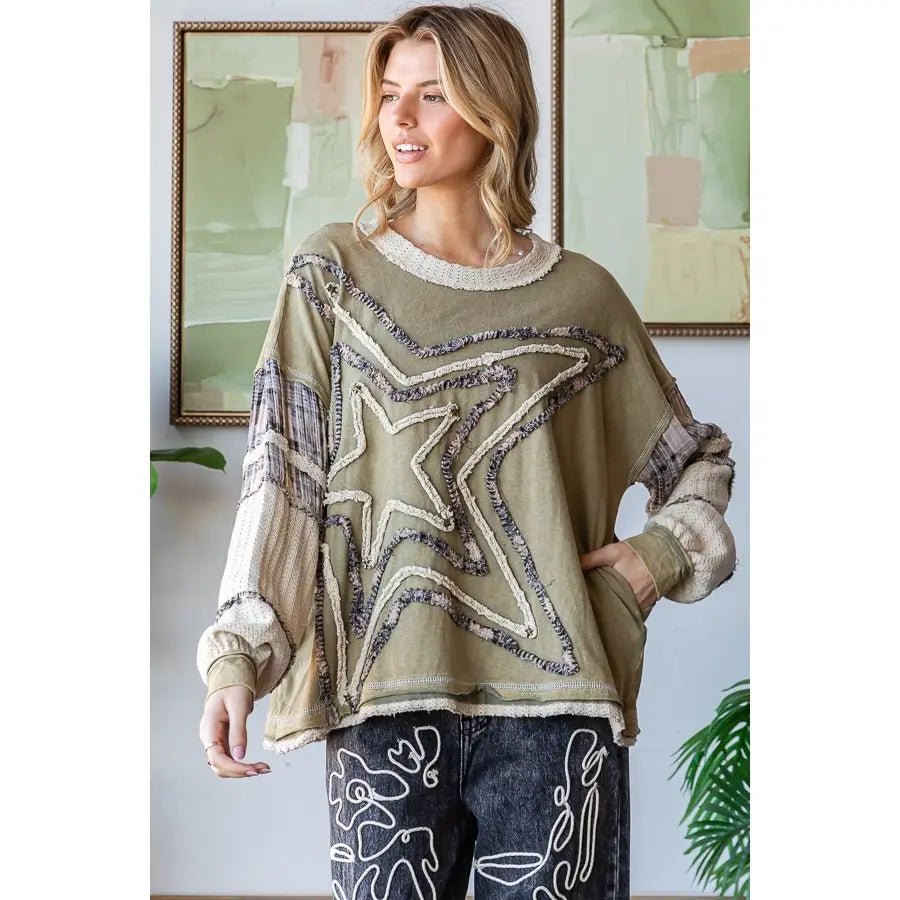 Washed Star Patchwork Long Sleeve Knit Top - Sassy Inspiration
