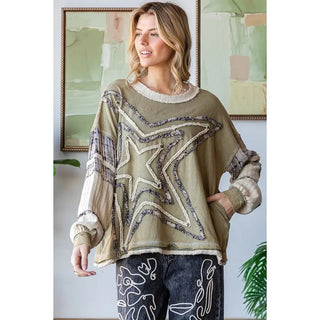 Washed Star Patchwork Long Sleeve Knit Top - Sassy Inspiration