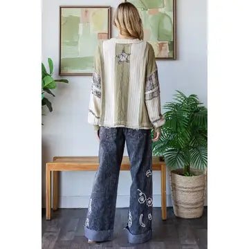 Washed Star Patchwork Long Sleeve Knit Top - Sassy Inspiration