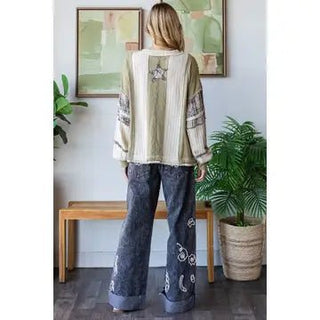 Washed Star Patchwork Long Sleeve Knit Top - Sassy Inspiration