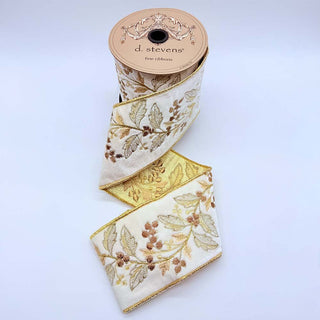 Winter White Velvet Ribbon with Sage & Berry Embroidery – 4" x 5 Yards - Sassy Inspiration