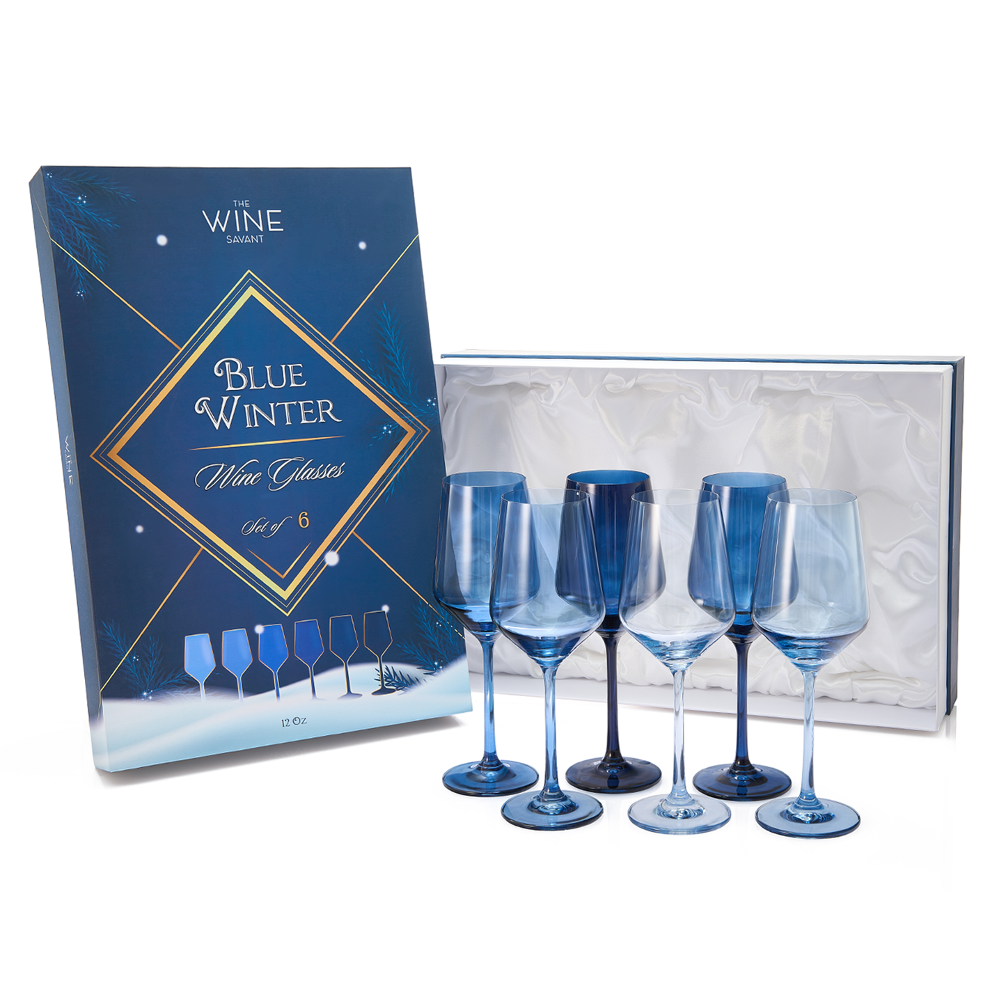 6 Shades of Blue Colored Crystal Wine Glass Set