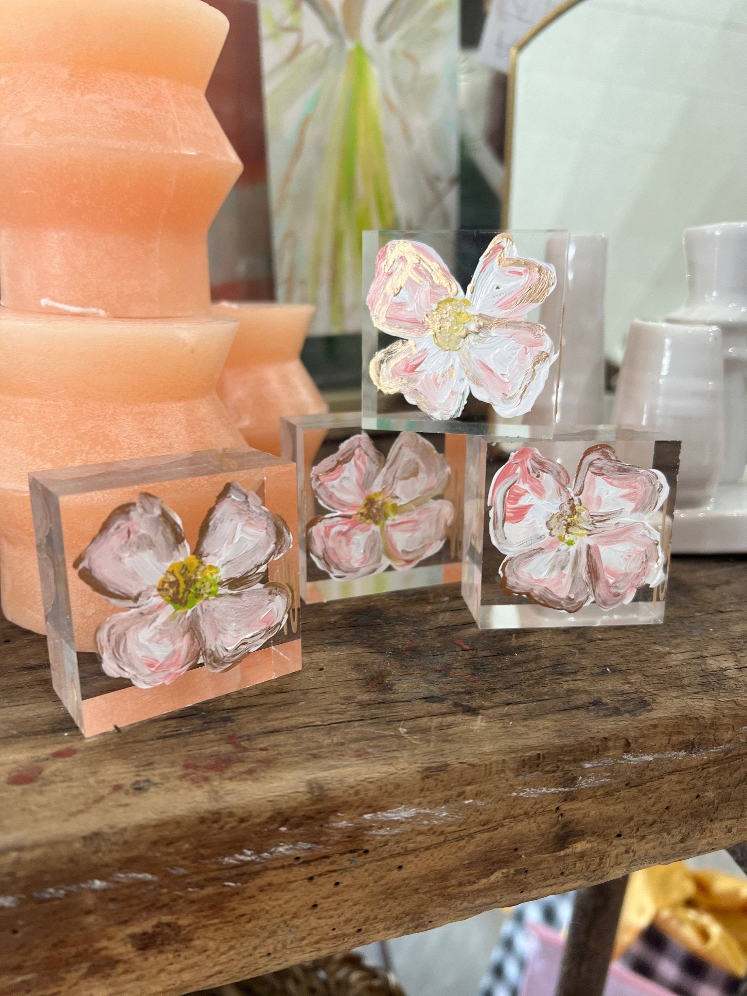 Hand painted Dogwood on Lucite block 2”x2” - Sassy Inspiration